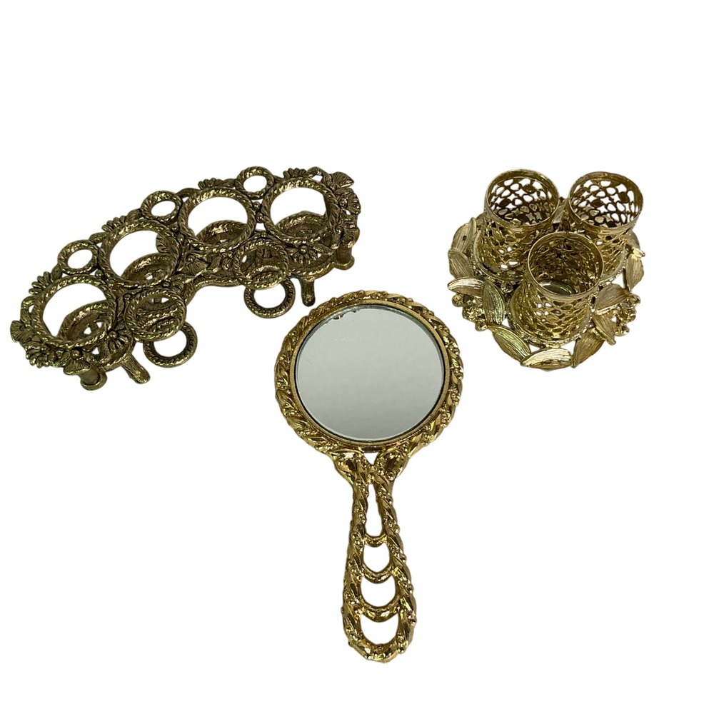 Vintage Gold Filigree Vanity Set Mirror Lipstick Holders Hollywood Regency